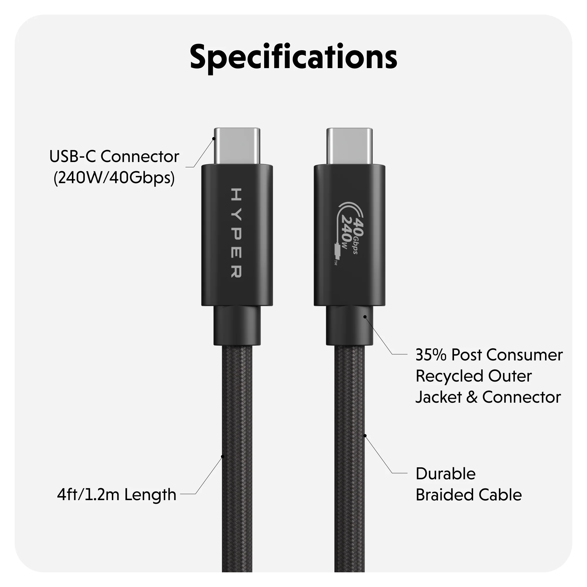 HyperDrive Next USB4 Type-C Performance Cable (1.2m/4ft) - Black - Image 2